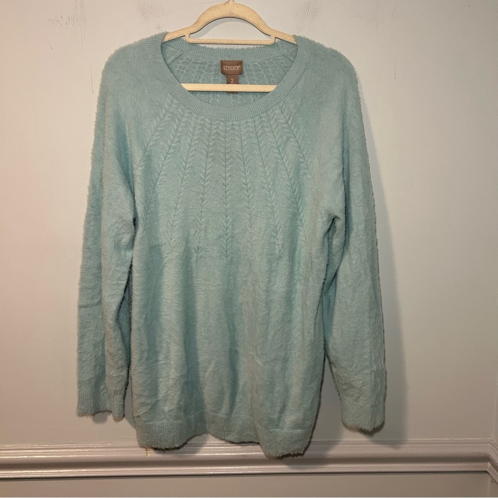 Chicos Blue Fuzzy Cable Knit Long Sleeve Sweater Size 12